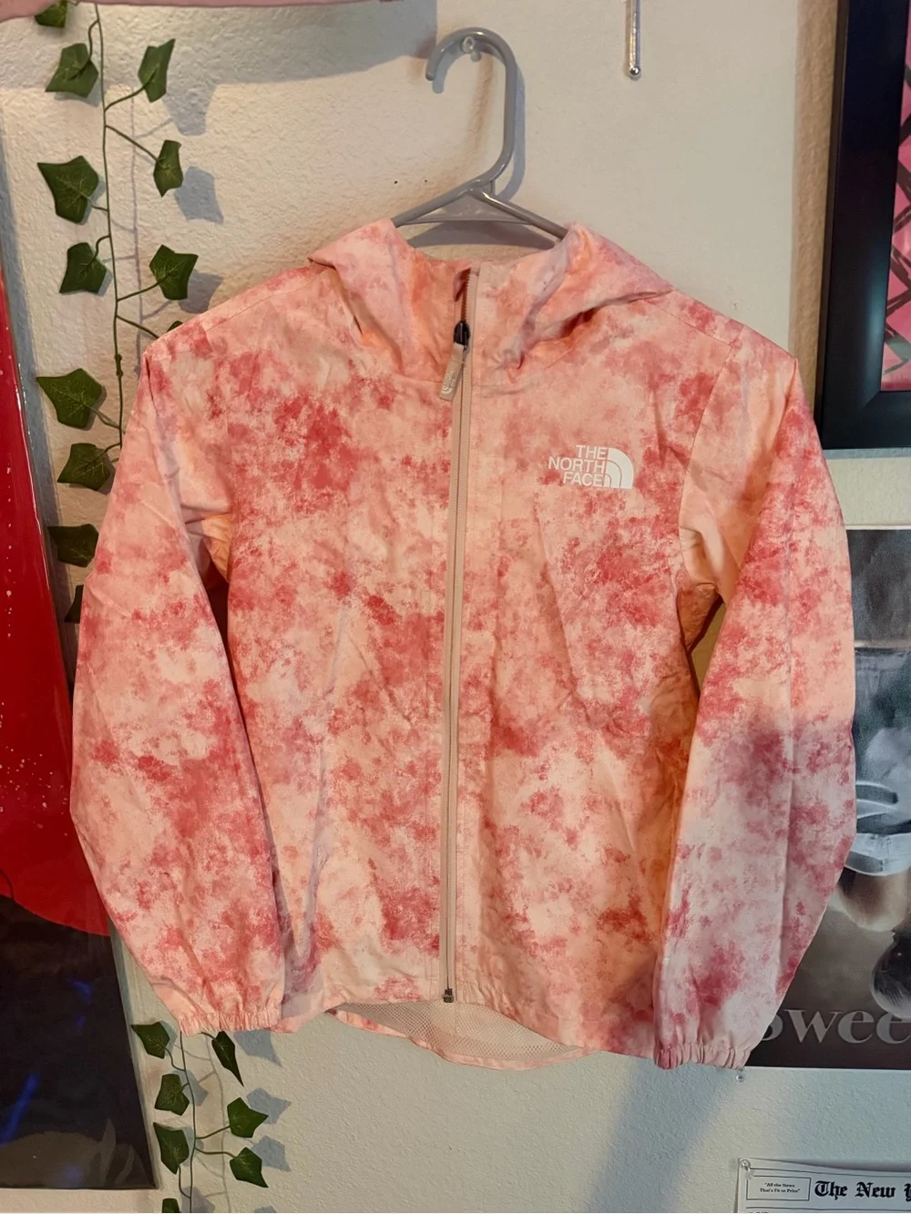 The North Face Pink and Cream Tie-Dye Hooded Windbreaker Jacket
